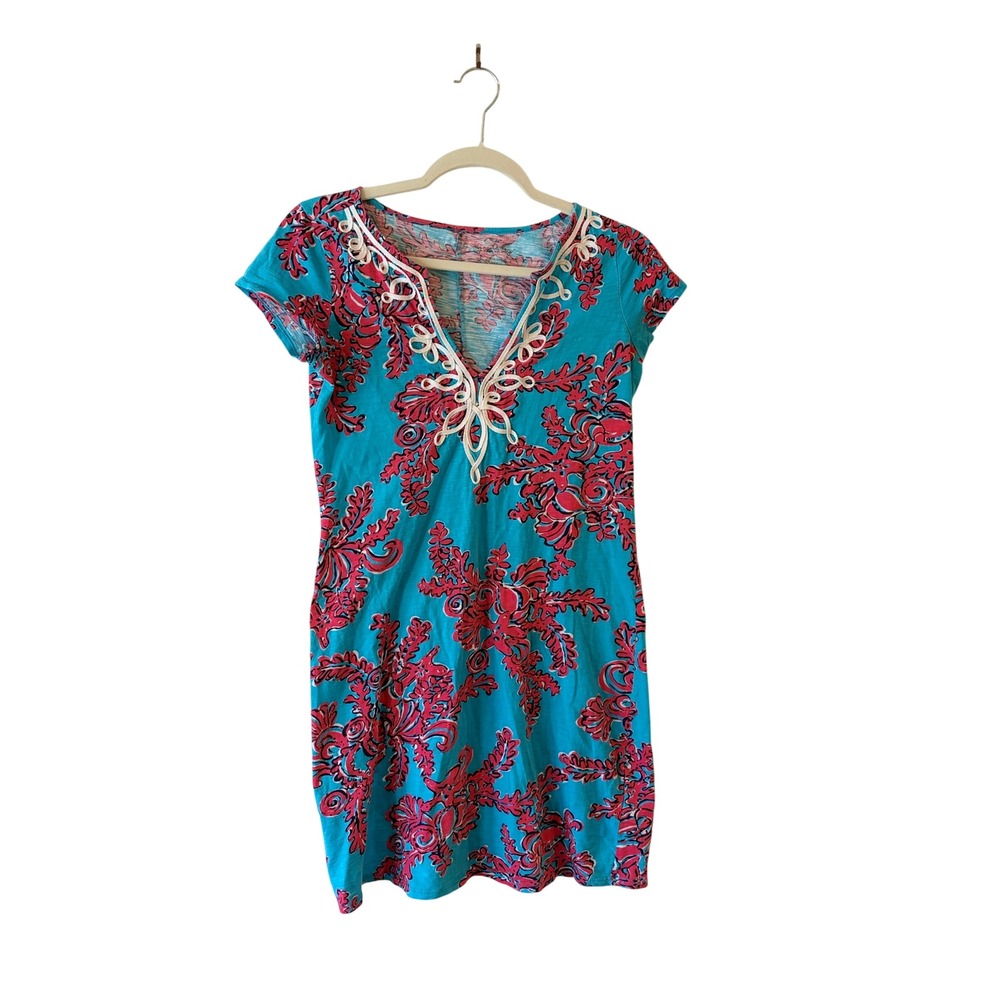 Lilly Pulitzer Blue Pink Coral Print Cotton V-Neck Soutache Mini Dress Small